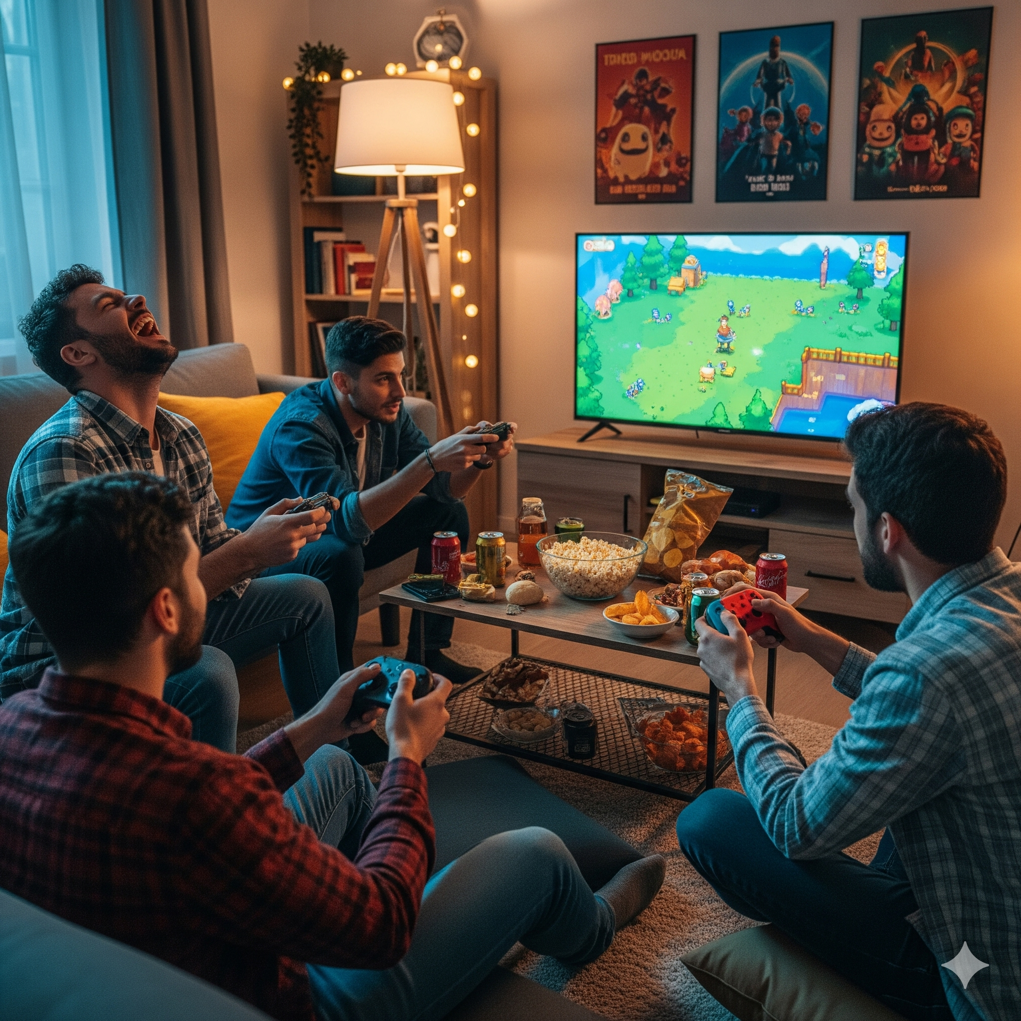 Друзья играют в кооперативные инди-игры дома