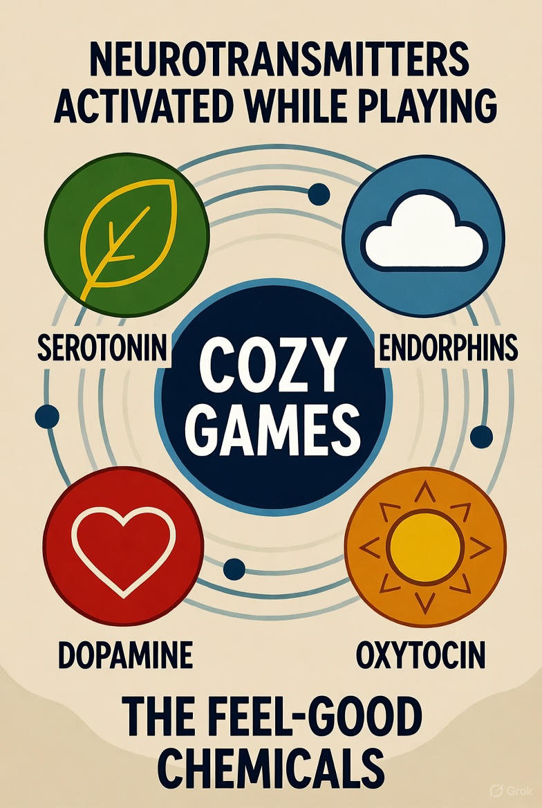 Инфографика нейромедиаторов, активируемых при игре в cozy games