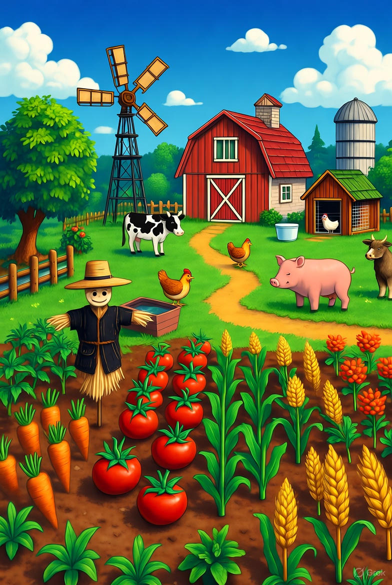 ферма в игре Stardew Valley с урожаем и животными